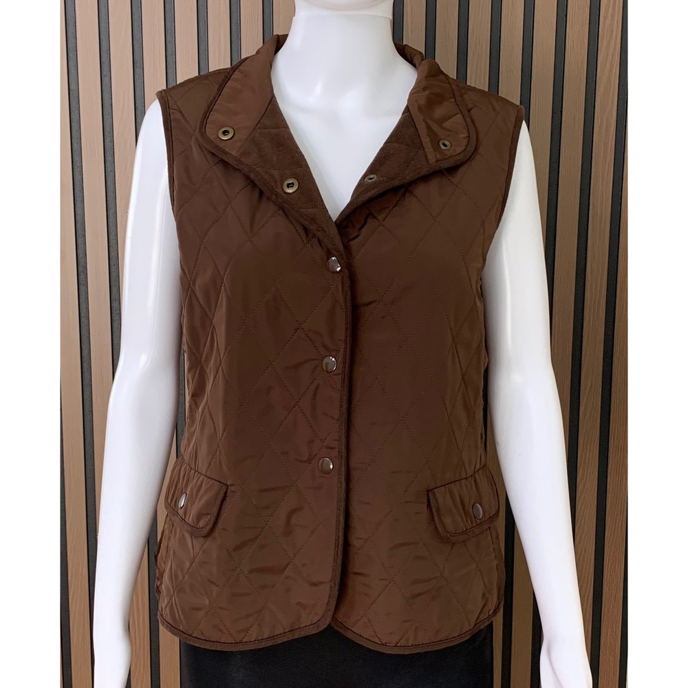 Talbots Women's Brown Quilted Fleece Lined‎ Vest Petites M Snap Front Pockets